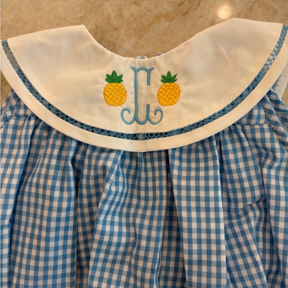 The Proper Peony- Blue Gingham Dress with Pineapple Embroidery